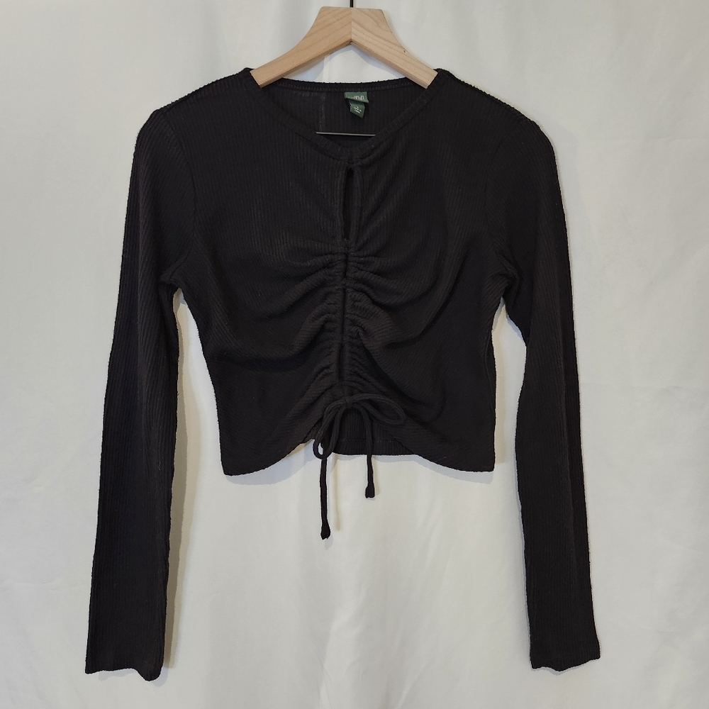 Black Split Front Ribbed Crop Top Womens Small Grunge Going‎ Out Indie Sleeze - Picture 2 of 7
